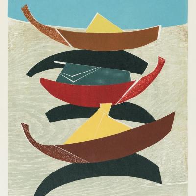 Bojan Golija, Japonski čolni, okrog 1958, barvni lesorez in linorez, odtis, 50,5 x 40,5 cm, foto: Damjan Švarc