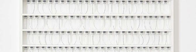 Alen Ožbolt, Letters, Words, and Sentences, 2001-2003, paper, small bottles, wooden shelves, foto: Damjan Švarc